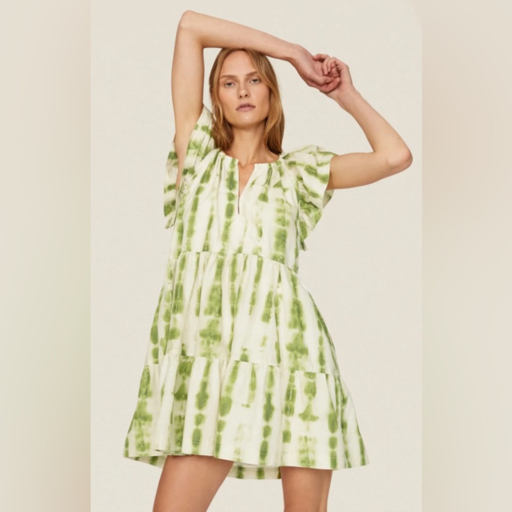 Kara dress by Marie Oliver, green and beige tie dye, silk / cotton blend size L